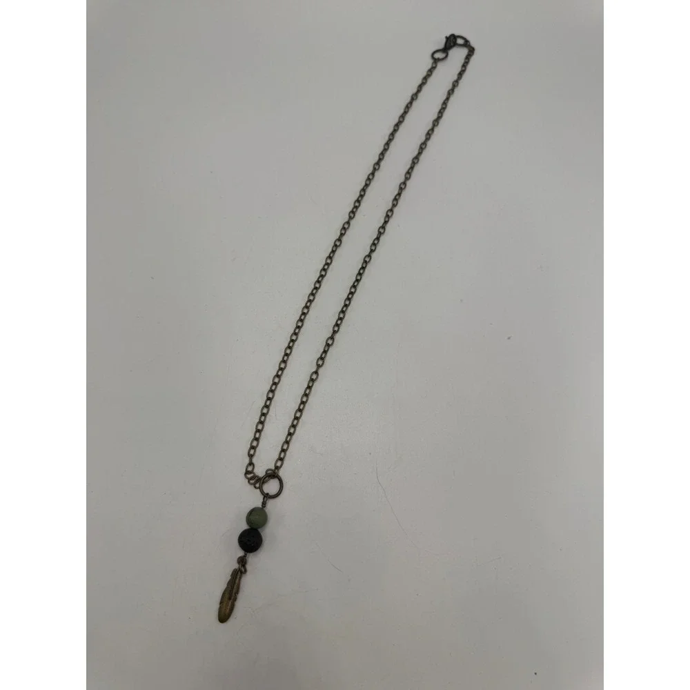 Antique Bronze Feather Pendant‎ Necklace Green Stone Lava Rock Bead Boho 22 Inch